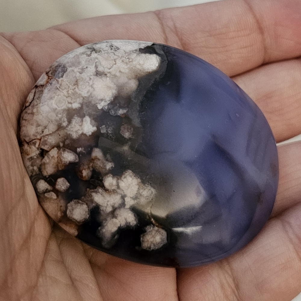 45 x 57 mm, 60.8 grams, Rare BLUE Flower Agate Palmstone, NEW!